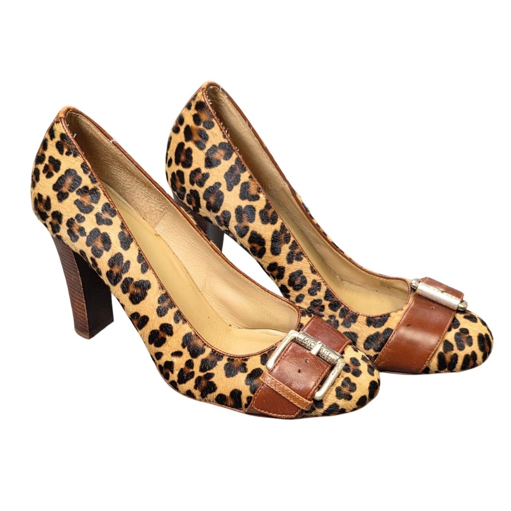 Michael Kors Leopard Calf Hair Buckle Block Heel Pumps Women's Size 8 Brown Tan